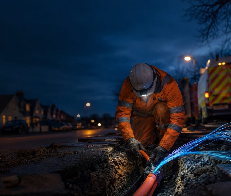 Fiiber Group engineer installing fiber optic cable at dusk