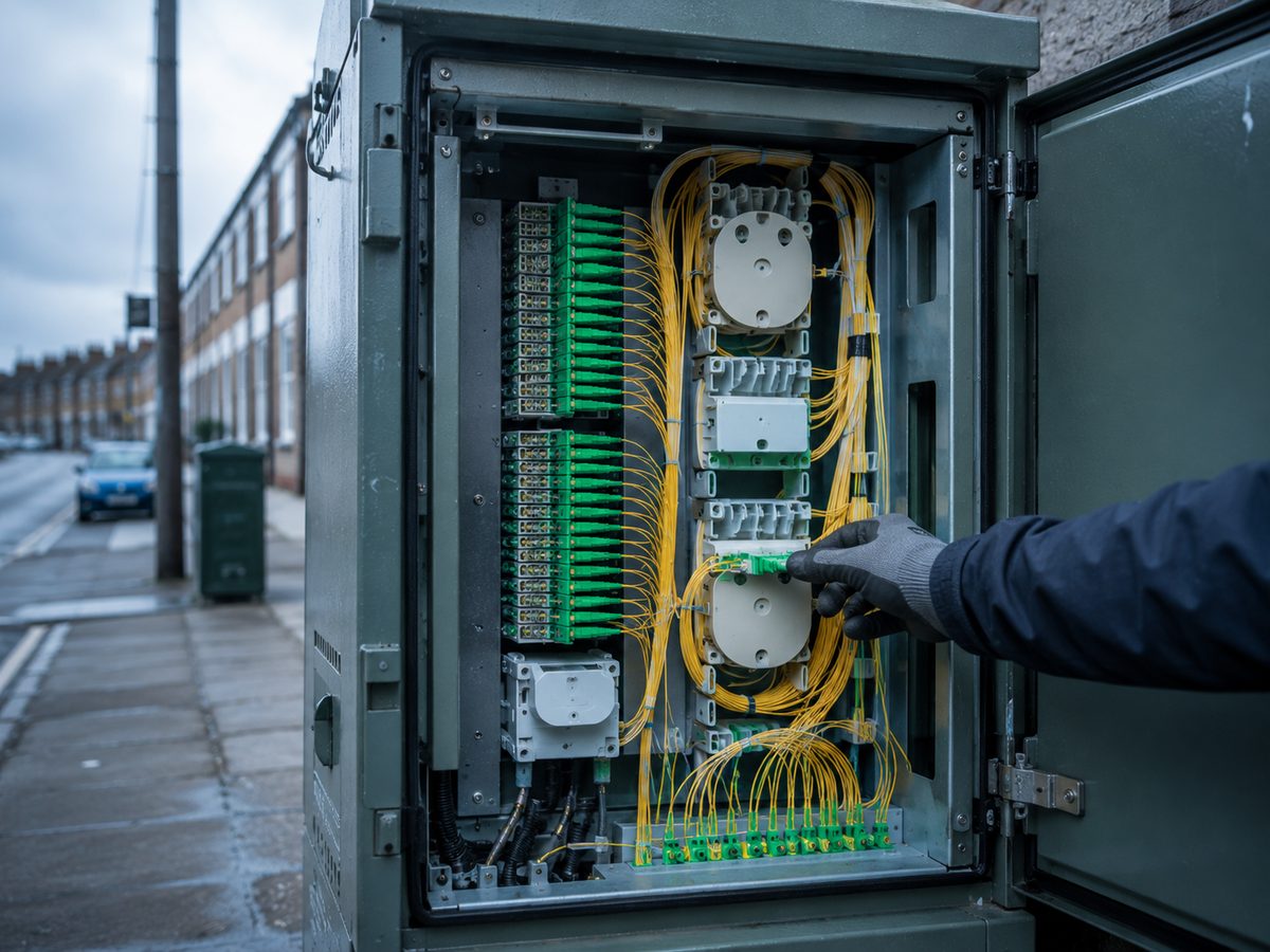 Open green street fiber cabinet with splitter modules