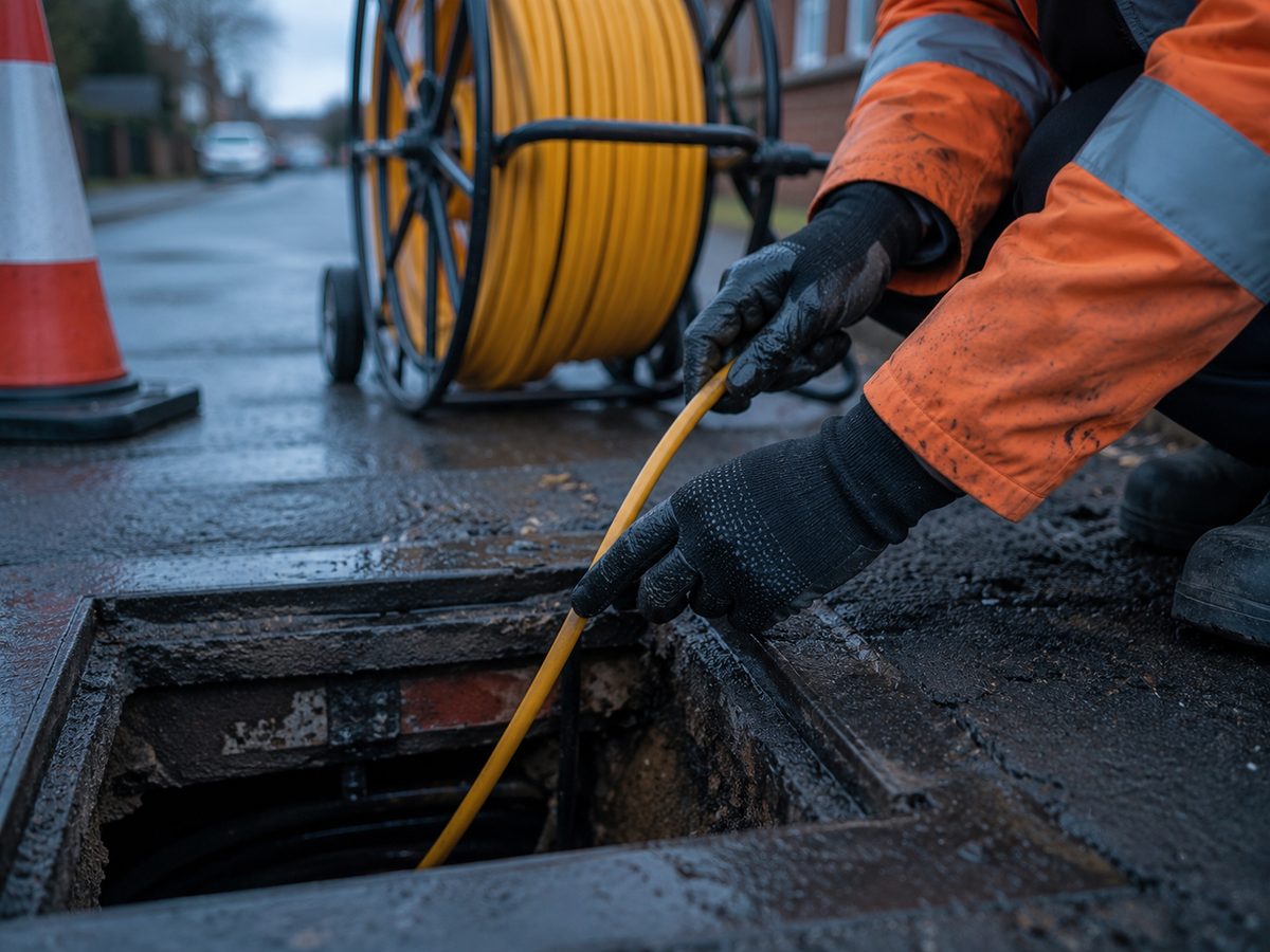 Engineer pulling fiber cable into a street access chamber