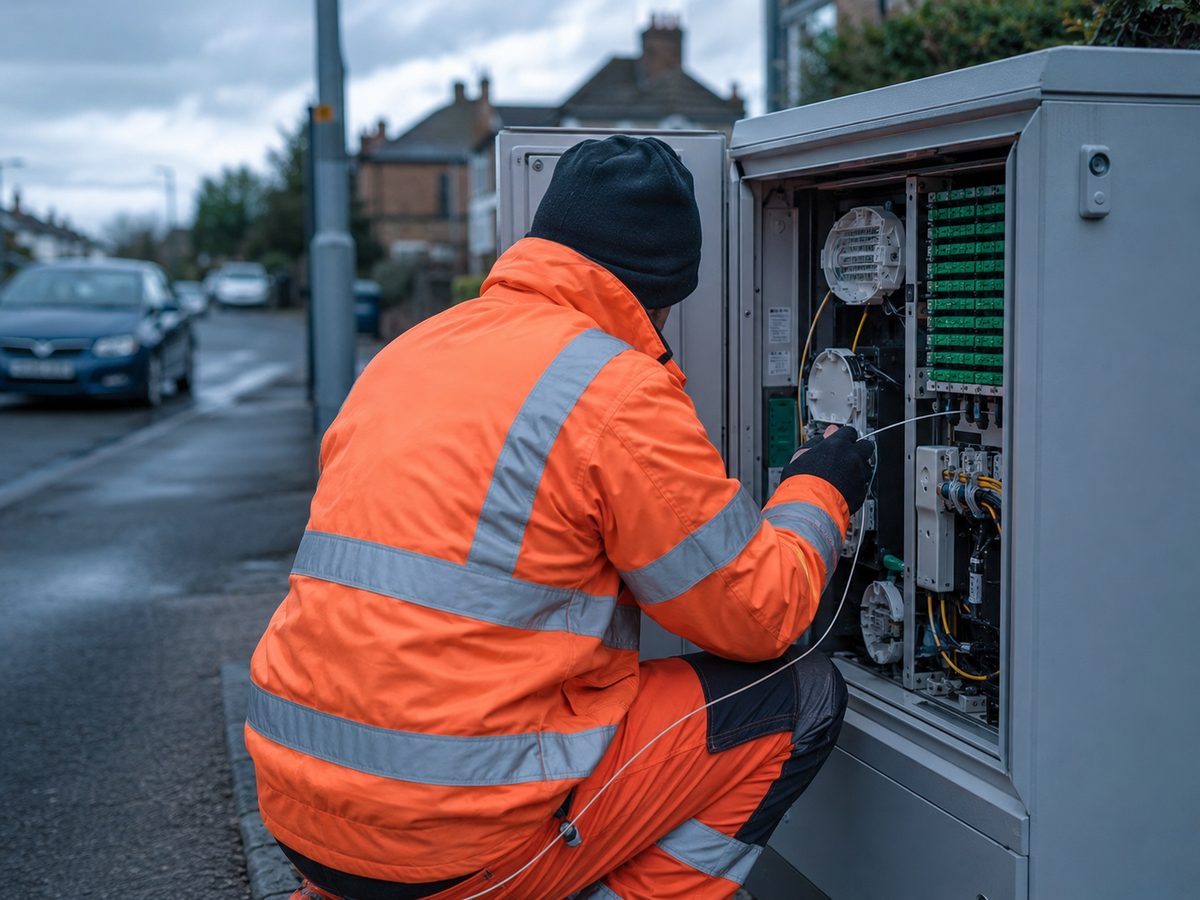 Engineer working at a street fiber distribution cabinet