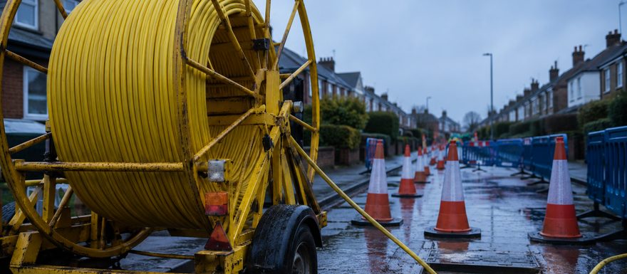 Fiber cable drum on a UK street during deployment
