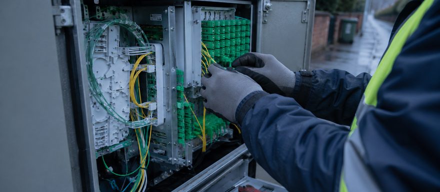 Engineer repairing fiber inside a street cabinet