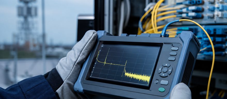 Handheld OTDR meter showing a fiber trace