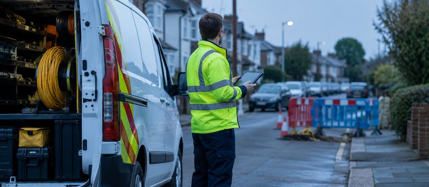 Fiber engineer with a tablet beside a works van